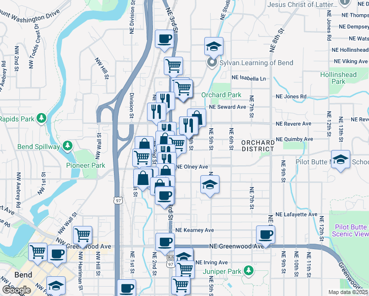 map of restaurants, bars, coffee shops, grocery stores, and more near 1500 Northeast 3rd Street in Bend