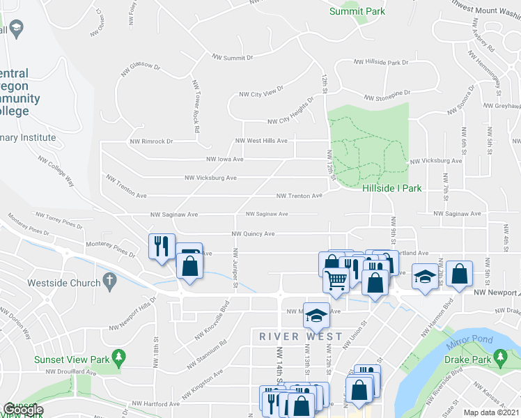 map of restaurants, bars, coffee shops, grocery stores, and more near 1477 Northwest Saginaw Avenue in Bend