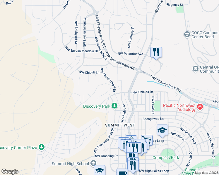 map of restaurants, bars, coffee shops, grocery stores, and more near 1908 Northwest Shevlin Crest Drive in Bend