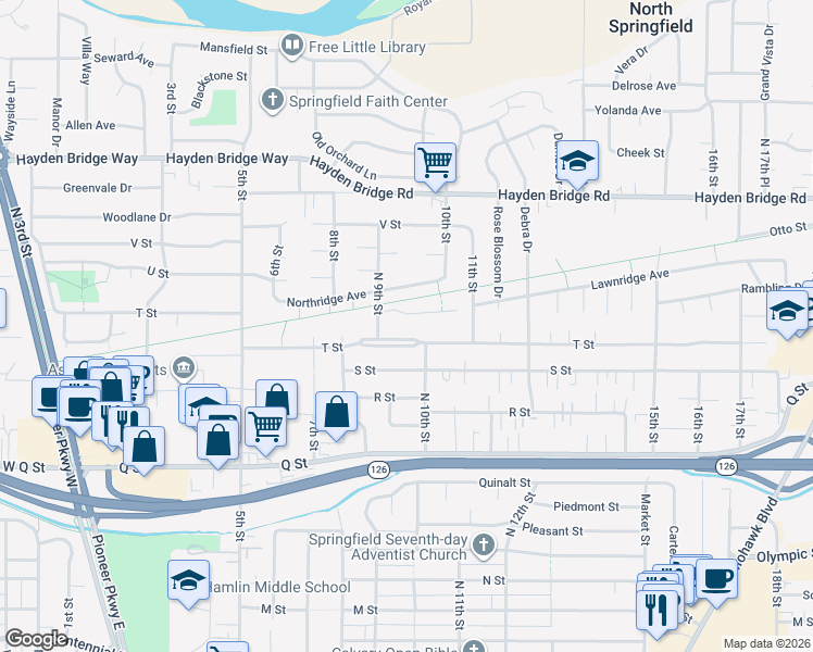 map of restaurants, bars, coffee shops, grocery stores, and more near 907 T Street in Springfield