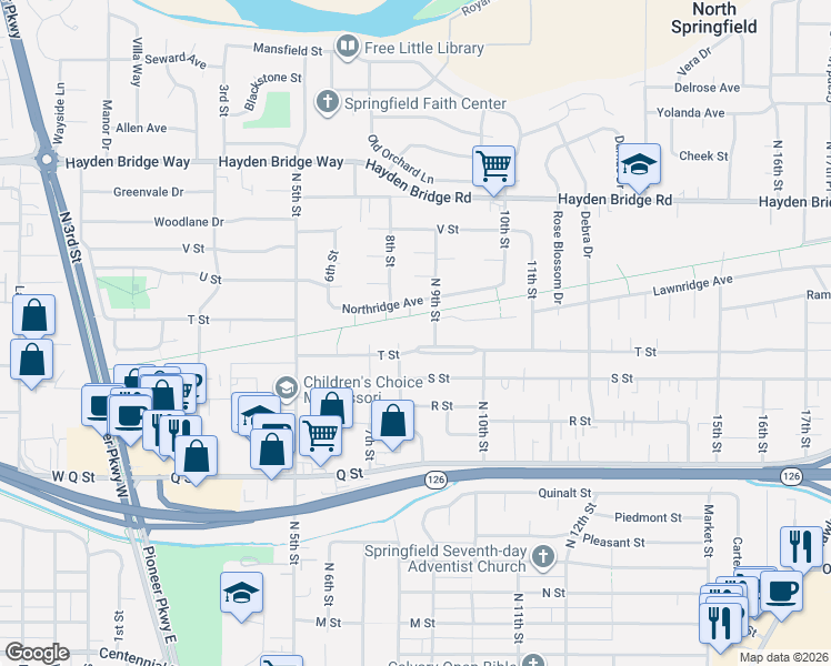map of restaurants, bars, coffee shops, grocery stores, and more near 2093 8th Street in Springfield