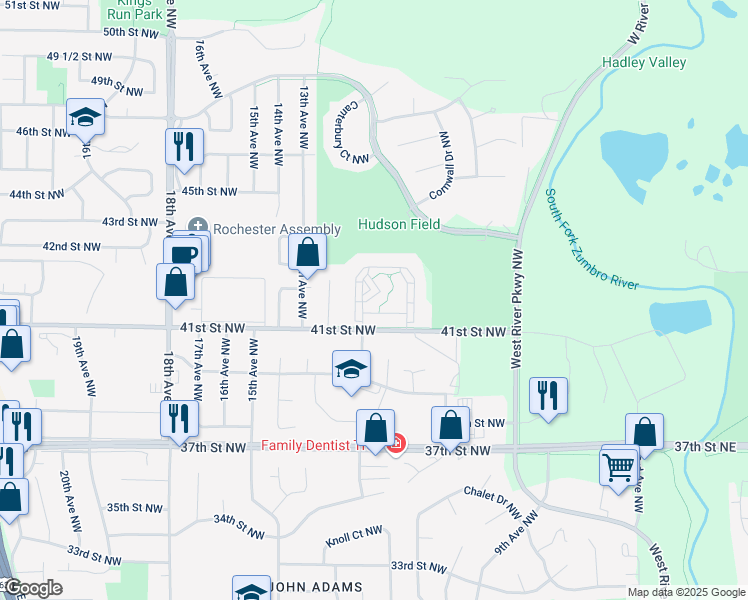 map of restaurants, bars, coffee shops, grocery stores, and more near 941 41st Street Northwest in Rochester