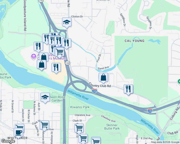 map of restaurants, bars, coffee shops, grocery stores, and more near 895 Country Club Road in Eugene