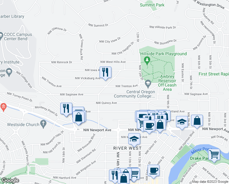 map of restaurants, bars, coffee shops, grocery stores, and more near 1384 Northwest Saginaw Avenue in Bend