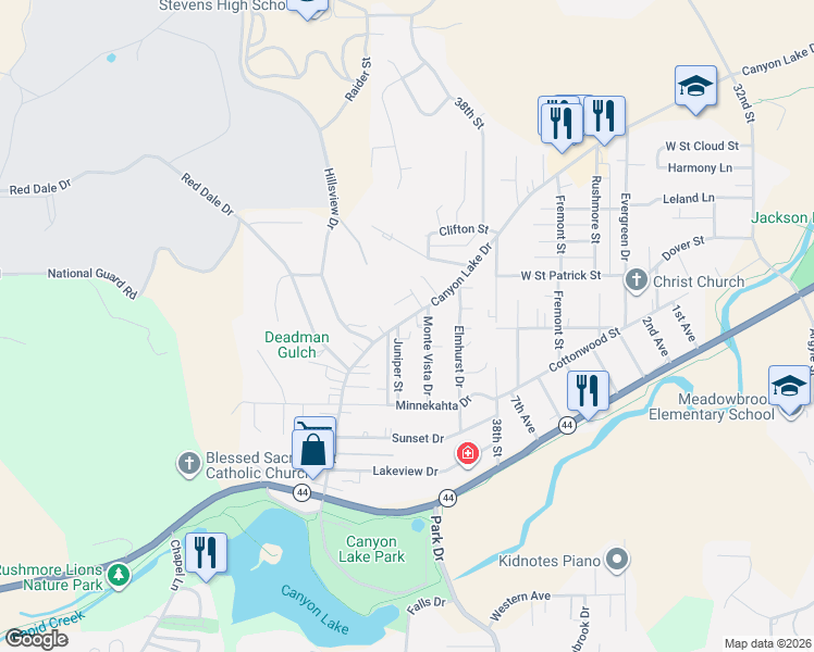 map of restaurants, bars, coffee shops, grocery stores, and more near 2009 Monte Vista Drive in Rapid City