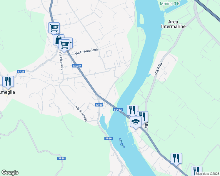 map of restaurants, bars, coffee shops, grocery stores, and more near 7 Via Alessandro Manzoni in Ameglia