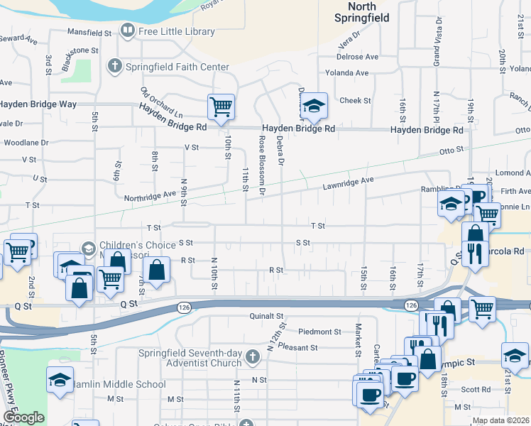 map of restaurants, bars, coffee shops, grocery stores, and more near 1155 T Street in Springfield