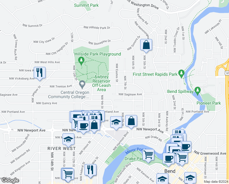 map of restaurants, bars, coffee shops, grocery stores, and more near 768 Northwest Saginaw Avenue in Bend