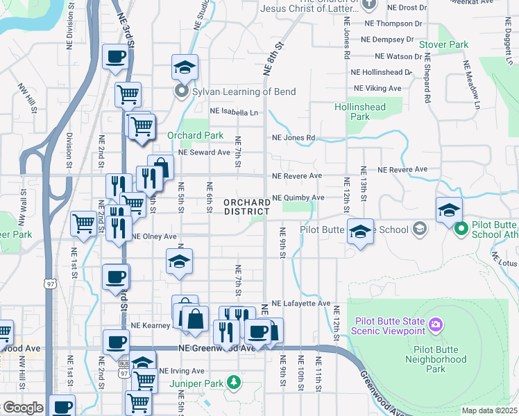 map of restaurants, bars, coffee shops, grocery stores, and more near 1609 Northeast 8th Street in Bend