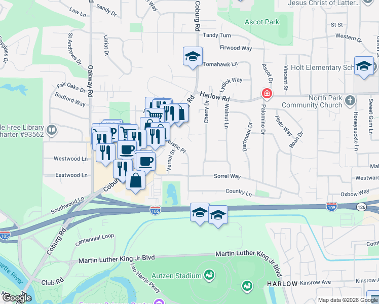 map of restaurants, bars, coffee shops, grocery stores, and more near 327 Rustic Place in Eugene