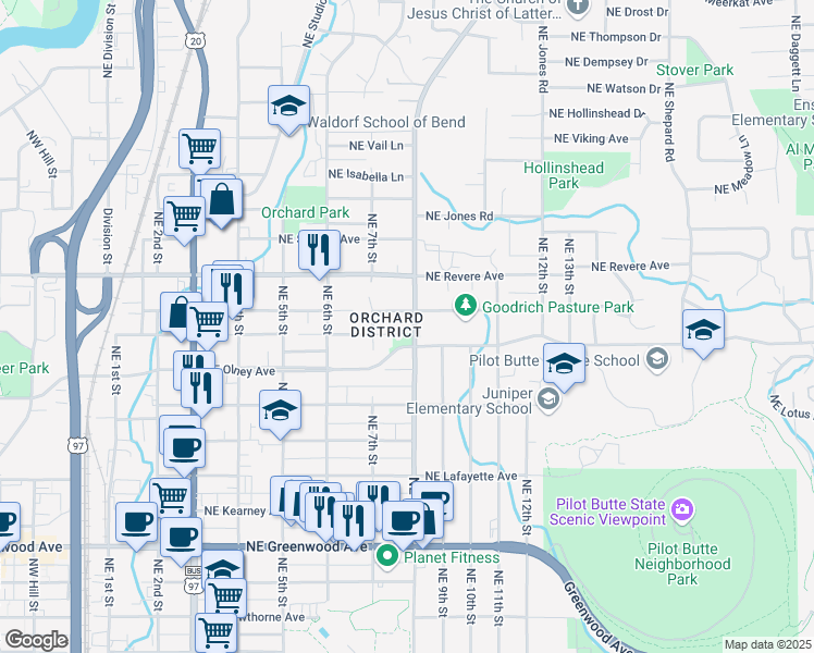 map of restaurants, bars, coffee shops, grocery stores, and more near 750 Northeast Olney Avenue in Bend