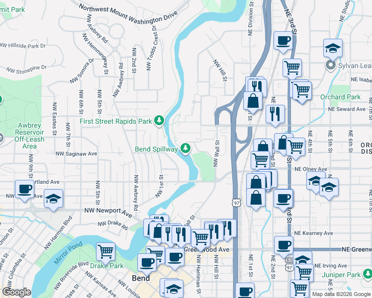 map of restaurants, bars, coffee shops, grocery stores, and more near 1652 Northwest Steidl Road in Bend