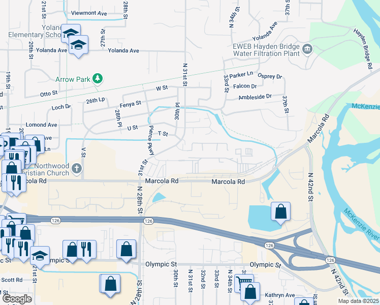 map of restaurants, bars, coffee shops, grocery stores, and more near 3100 Pierce Parkway in Springfield