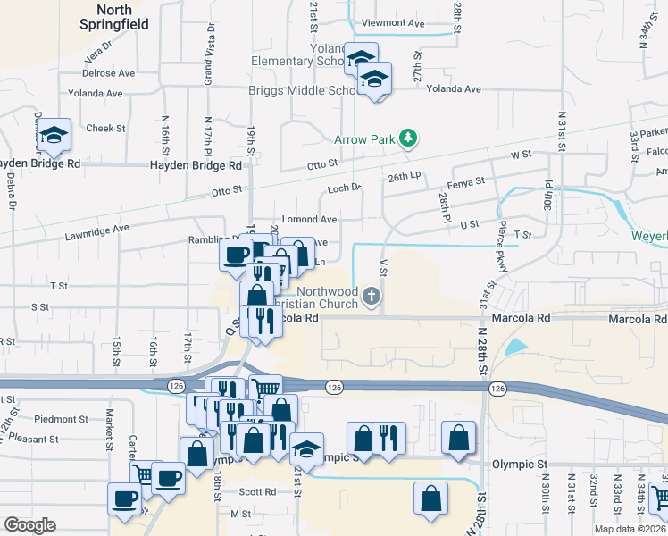 map of restaurants, bars, coffee shops, grocery stores, and more near 2280 Marcola Road in Springfield