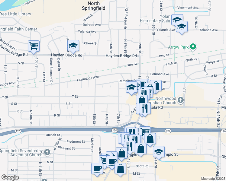 map of restaurants, bars, coffee shops, grocery stores, and more near 2038 17th Street in Springfield