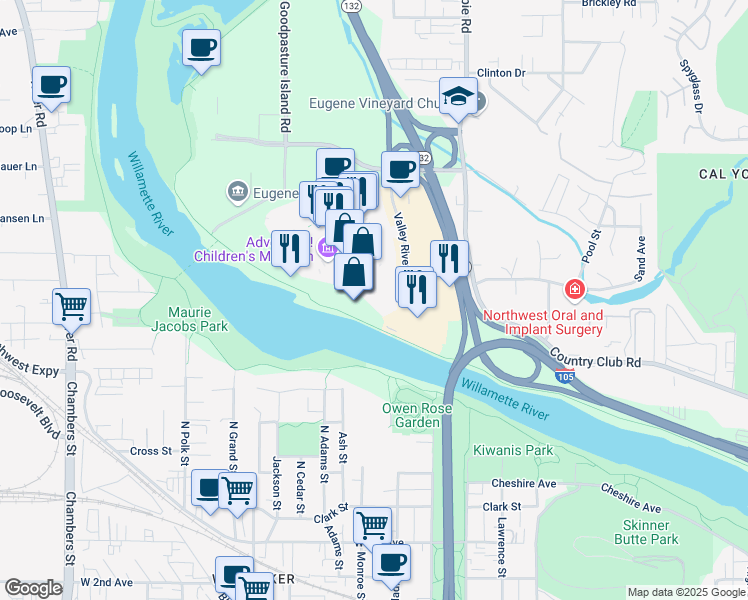 map of restaurants, bars, coffee shops, grocery stores, and more near 532 Valley River Center in Eugene