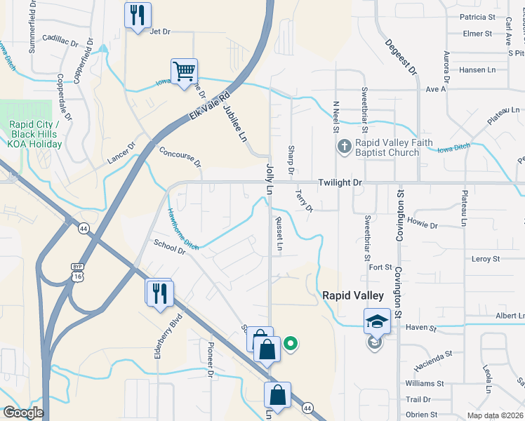 map of restaurants, bars, coffee shops, grocery stores, and more near 3852 Dawn Lane in Rapid City