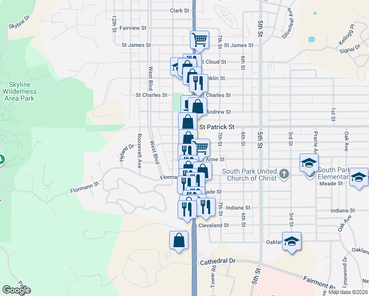 map of restaurants, bars, coffee shops, grocery stores, and more near 812 Saint Anne Street in Rapid City