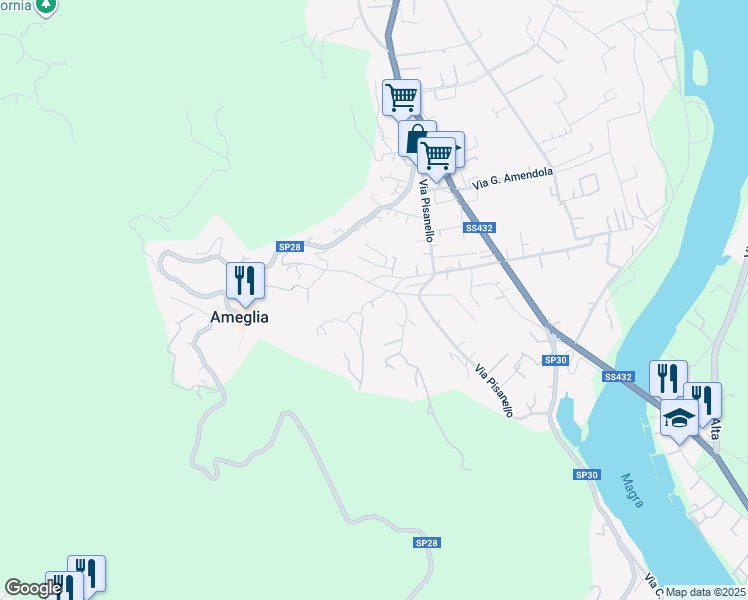 map of restaurants, bars, coffee shops, grocery stores, and more near 28 Via Maestà in Ameglia