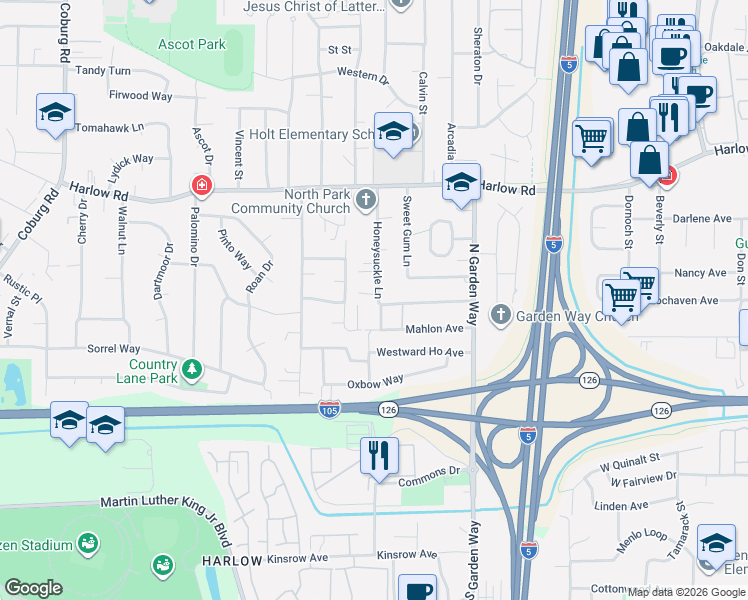map of restaurants, bars, coffee shops, grocery stores, and more near 3492 Whisper Lane in Eugene