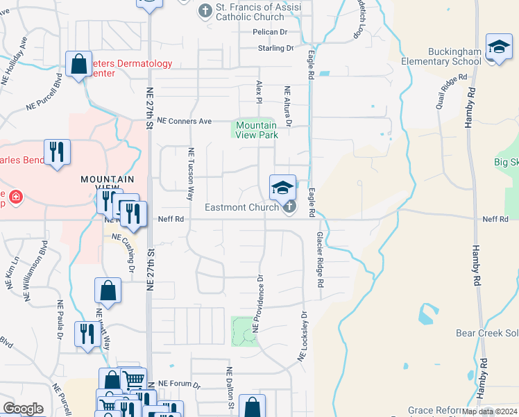 map of restaurants, bars, coffee shops, grocery stores, and more near 1631 Northeast Providence Drive in Bend