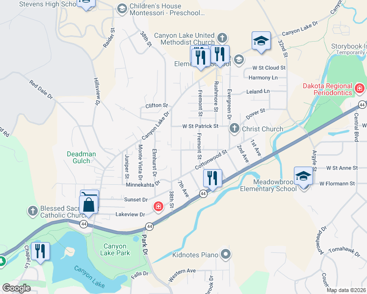map of restaurants, bars, coffee shops, grocery stores, and more near 2016 Twin Elms Drive in Rapid City
