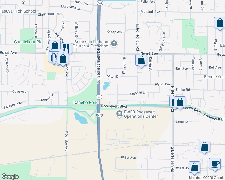 map of restaurants, bars, coffee shops, grocery stores, and more near 513 Hanover Street in Eugene