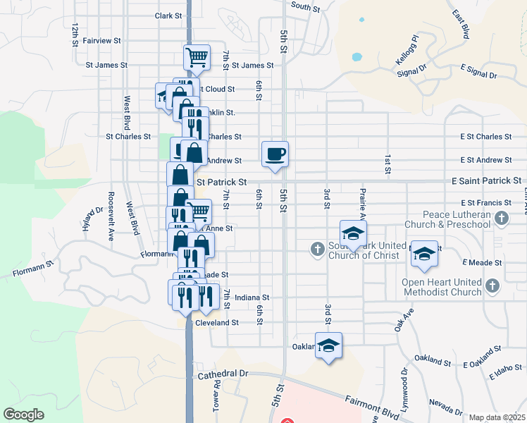 map of restaurants, bars, coffee shops, grocery stores, and more near 610 Saint Francis Street in Rapid City