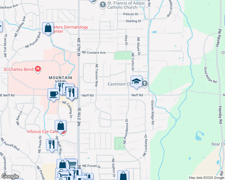 map of restaurants, bars, coffee shops, grocery stores, and more near 1654 Northeast Diablo Way in Bend