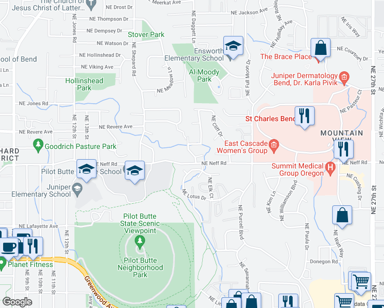 map of restaurants, bars, coffee shops, grocery stores, and more near 1690 Northeast Leehaven Lane in Bend