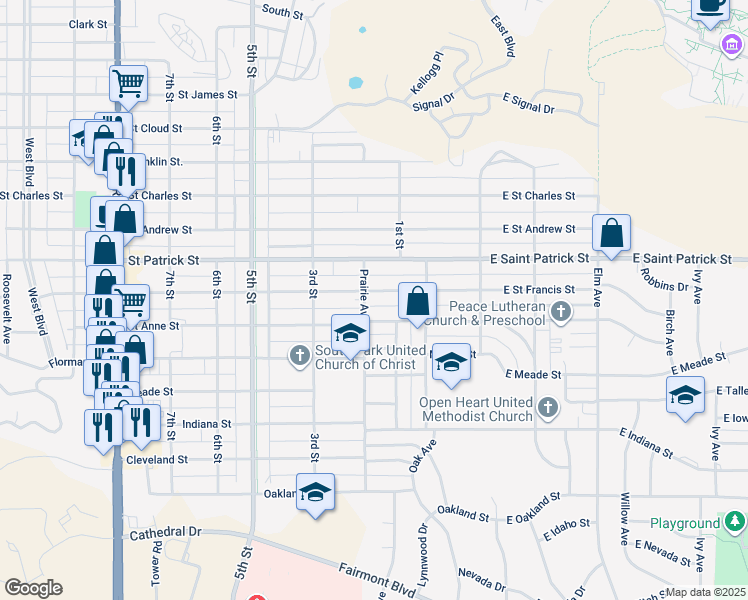 map of restaurants, bars, coffee shops, grocery stores, and more near 132-136 Saint Francis Street in Rapid City