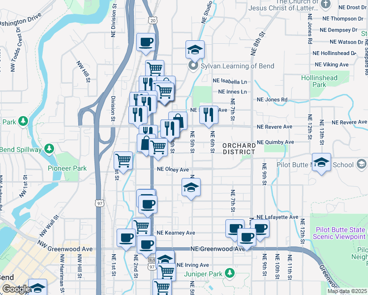 map of restaurants, bars, coffee shops, grocery stores, and more near 444 Northeast Quimby Avenue in Bend