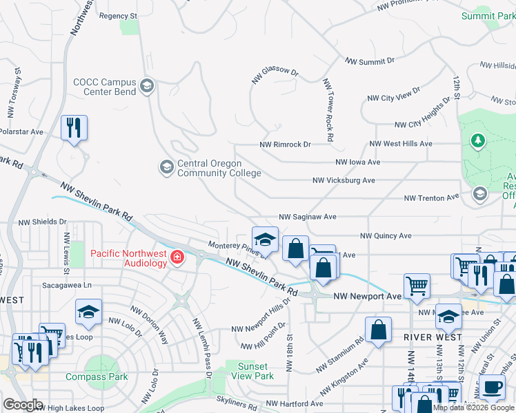 map of restaurants, bars, coffee shops, grocery stores, and more near 2024 Northwest Trenton Avenue in Bend