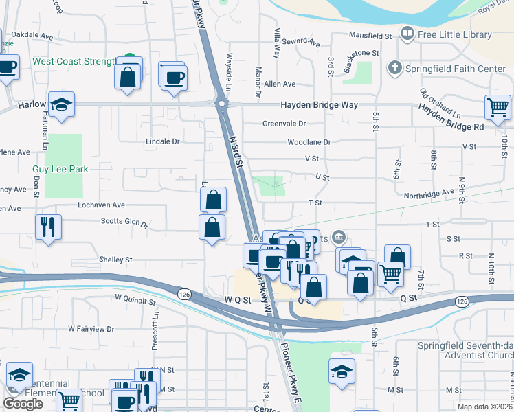 map of restaurants, bars, coffee shops, grocery stores, and more near 2144 Shadylane Drive in Springfield