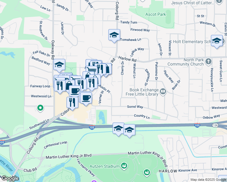 map of restaurants, bars, coffee shops, grocery stores, and more near 347 Rustic Place in Eugene