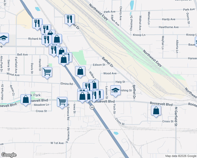 map of restaurants, bars, coffee shops, grocery stores, and more near 2600 Wood Avenue in Eugene