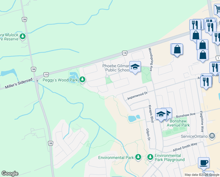 map of restaurants, bars, coffee shops, grocery stores, and more near 55 Harvest Hills Boulevard in East Gwillimbury