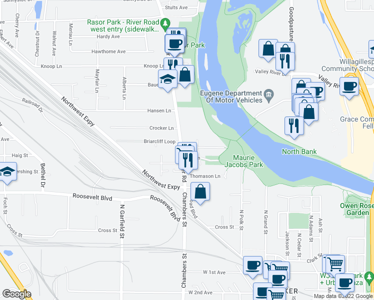 map of restaurants, bars, coffee shops, grocery stores, and more near 405 1/2 River Road in Eugene