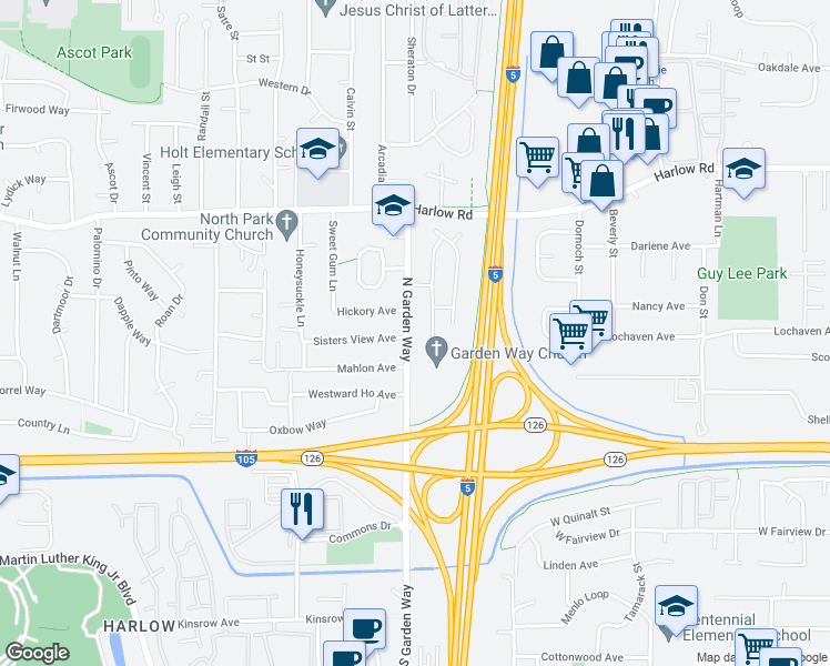 map of restaurants, bars, coffee shops, grocery stores, and more near 415 North Garden Way in Eugene