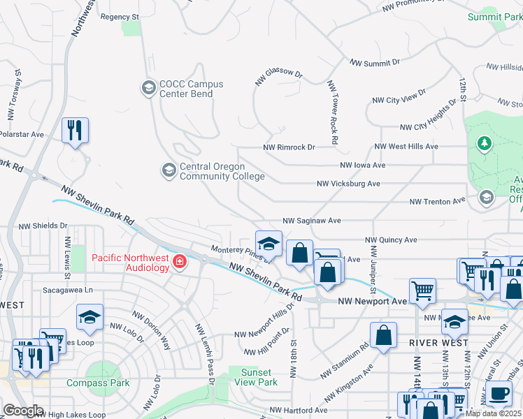map of restaurants, bars, coffee shops, grocery stores, and more near 2024 Northwest Trenton Avenue in Bend