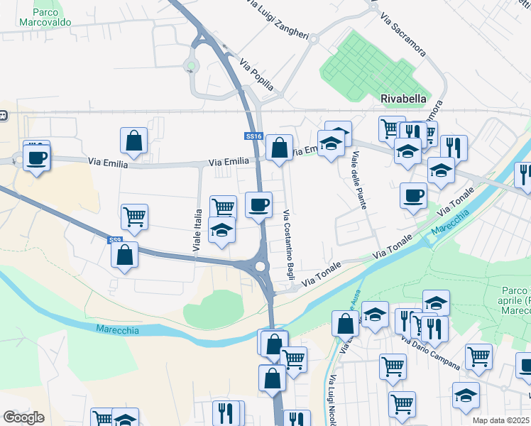 map of restaurants, bars, coffee shops, grocery stores, and more near 10 SS16 in Riccione
