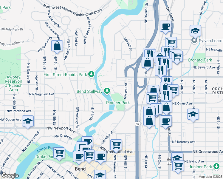 map of restaurants, bars, coffee shops, grocery stores, and more near 221 Northwest Linster Place in Bend