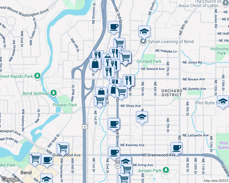 map of restaurants, bars, coffee shops, grocery stores, and more near 211 Northeast Revere Avenue in Bend
