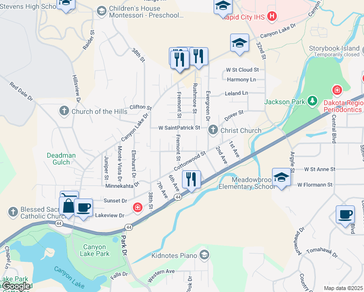 map of restaurants, bars, coffee shops, grocery stores, and more near 1936 Fremont Street in Rapid City