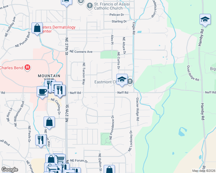 map of restaurants, bars, coffee shops, grocery stores, and more near 1736 Northeast Heavenly Drive in Bend