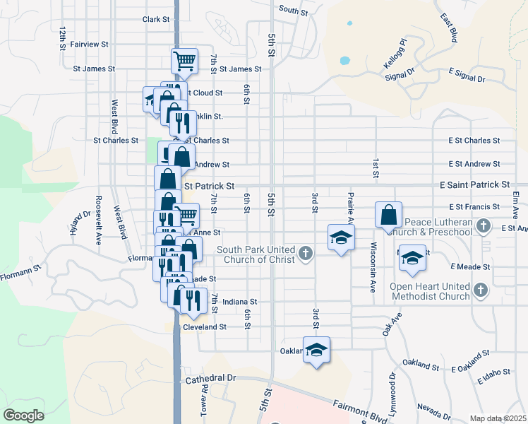 map of restaurants, bars, coffee shops, grocery stores, and more near 1913 5th Street in Rapid City