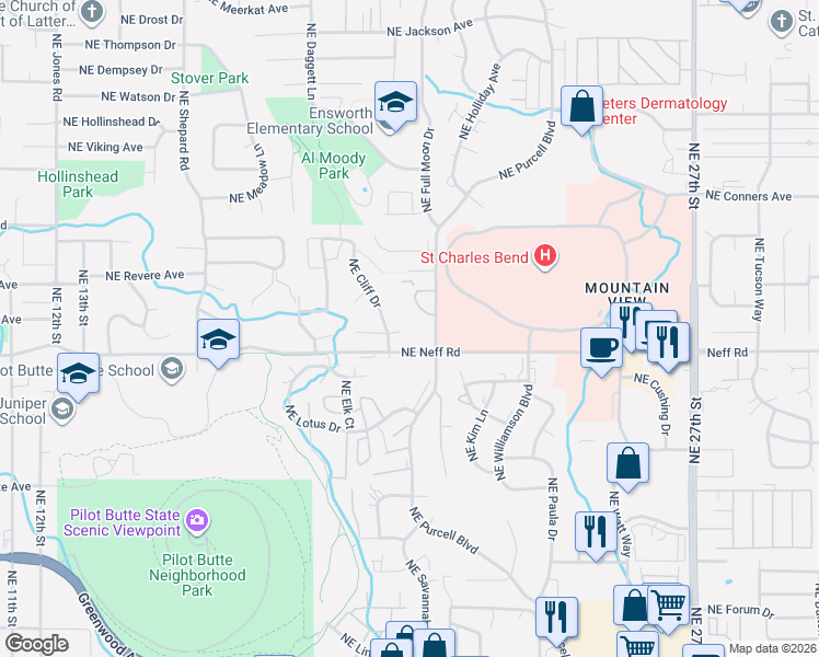 map of restaurants, bars, coffee shops, grocery stores, and more near 1695 Northeast Purcell Boulevard in Bend