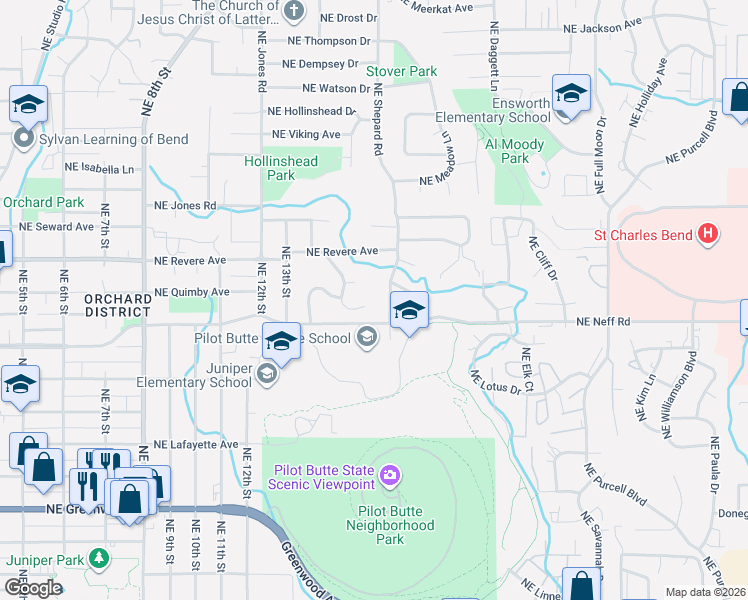map of restaurants, bars, coffee shops, grocery stores, and more near 1525 Northeast Saddle Rock Court in Bend