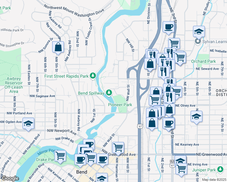 map of restaurants, bars, coffee shops, grocery stores, and more near 221 Northwest Linster Place in Bend