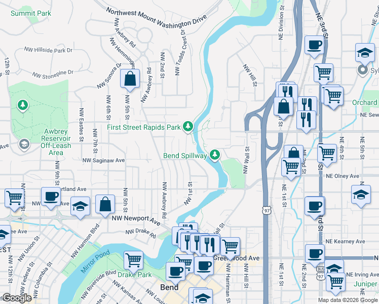 map of restaurants, bars, coffee shops, grocery stores, and more near 1965 Northwest 1st Street in Bend